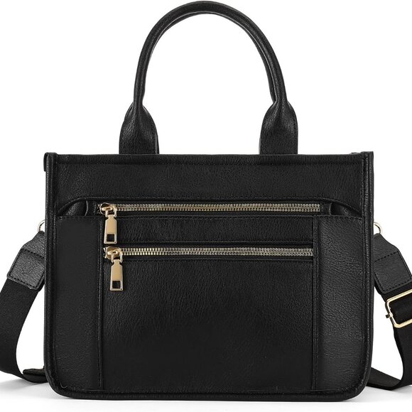 Black PU Leather Tote Bag for Women, Multi-Pocket, Travel-Compatible - Picture 7 of 8